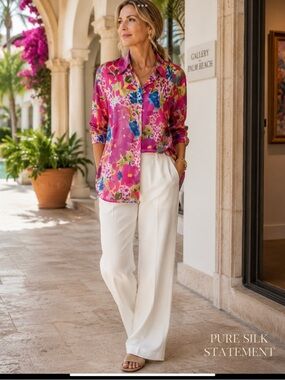 Kensington Lane Pure Silk Floral Blouse 2X Pink Resort Art Print Top NWT